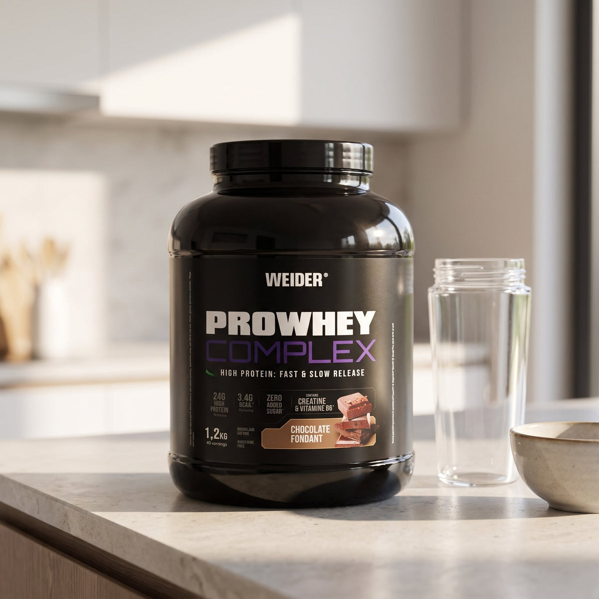 Weider Whey Protein, Everyday, on a kitchen counter beside a shaker