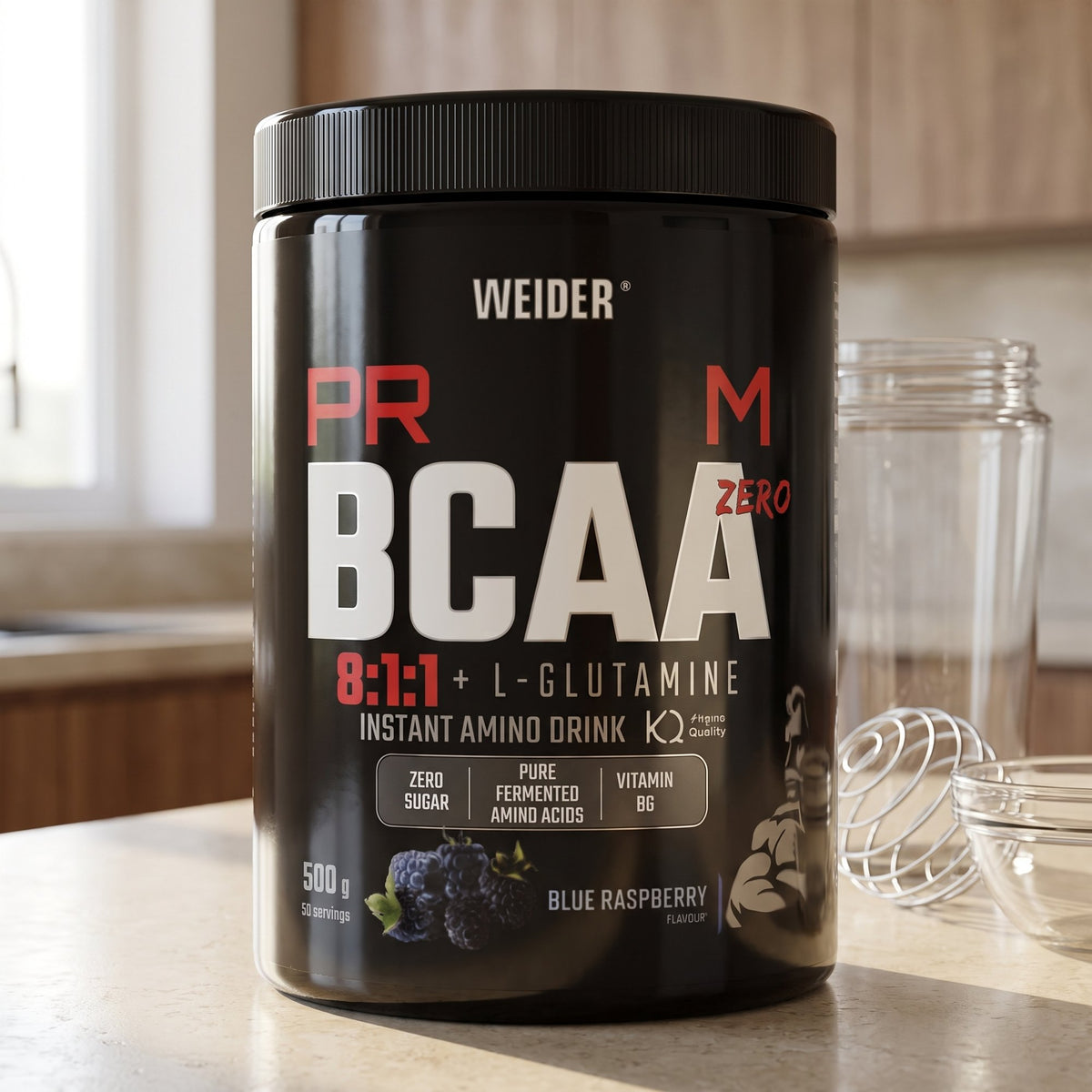 Weider BCAA and Glutamine, on a kitchen counter beside a shaker