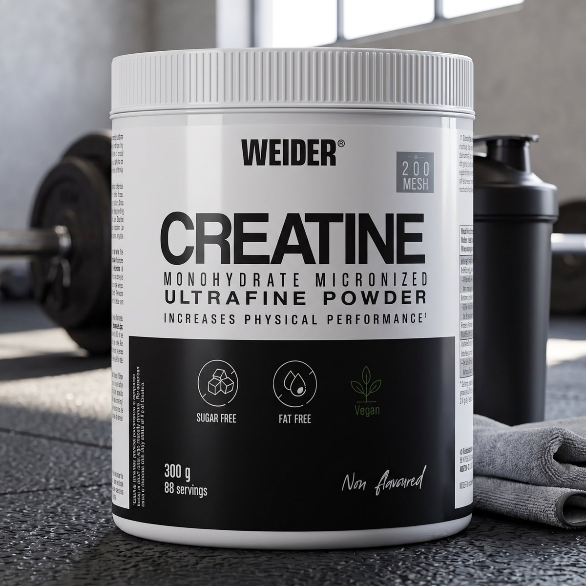 Weider Creatine, on a gym floor beside a shaker
