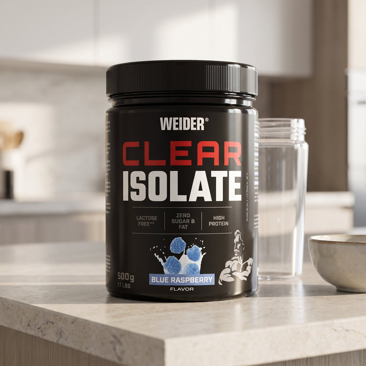 Weider Clear Whey Protein, on a kitchen counter beside a shaker
