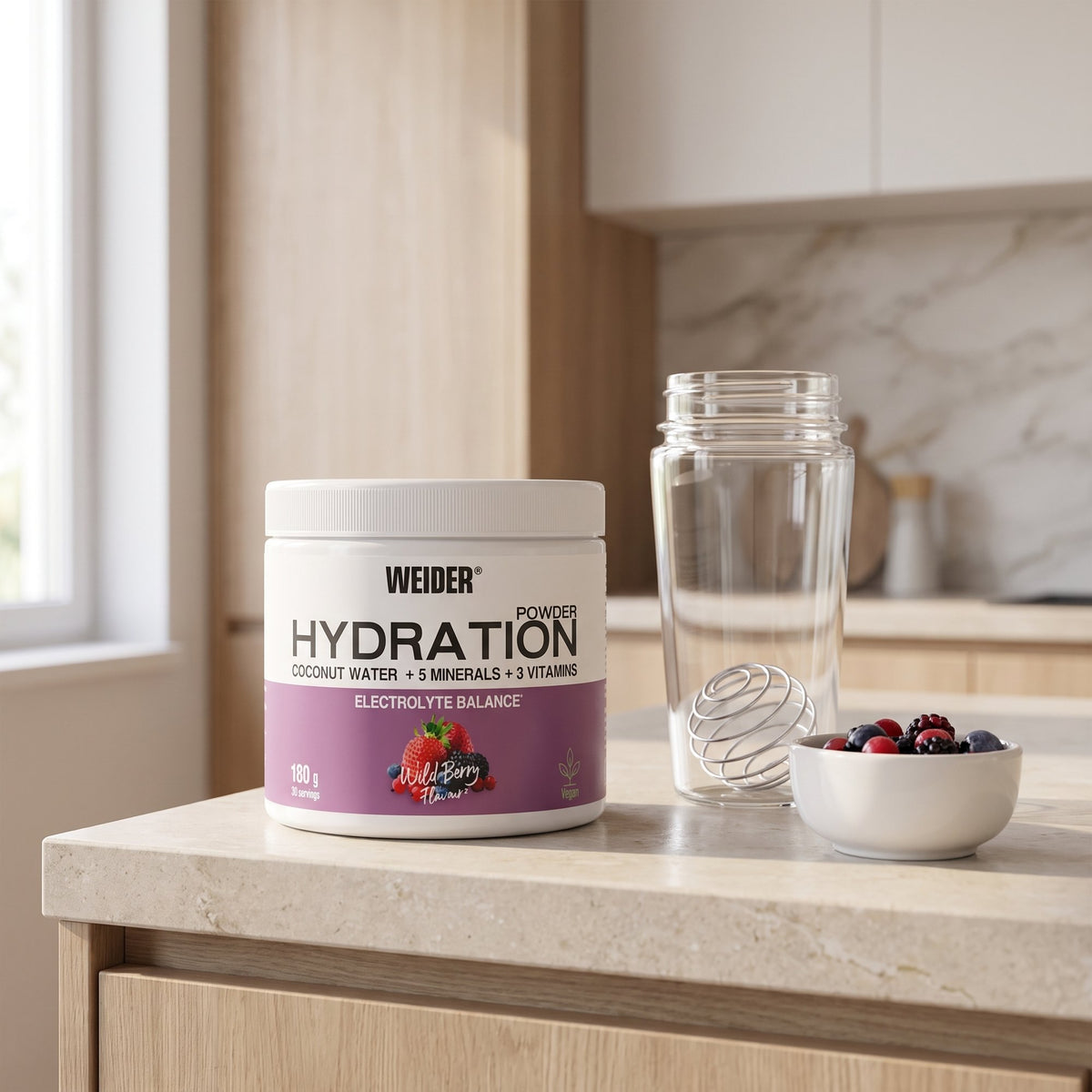 Weider Hydration Powder, on a kitchen counter beside a shaker
