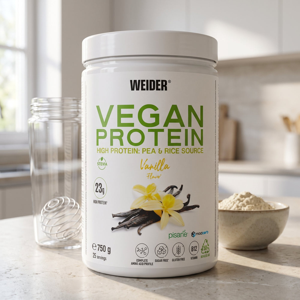 Weider Plant Protein, on a kitchen counter beside a shaker