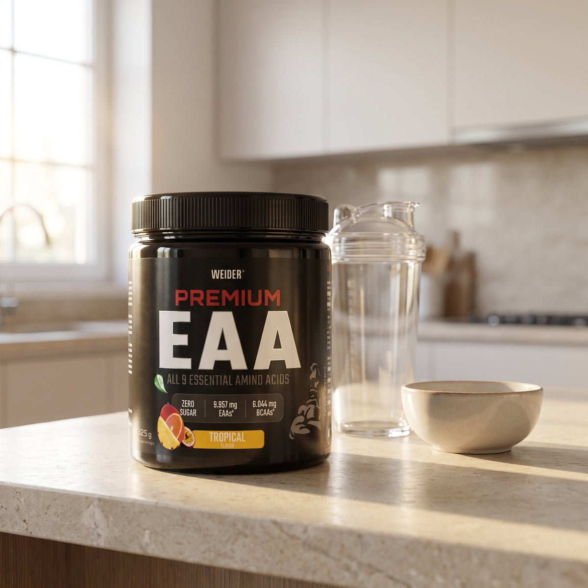 Weider Essential Amino Acids, on a kitchen counter beside a shaker