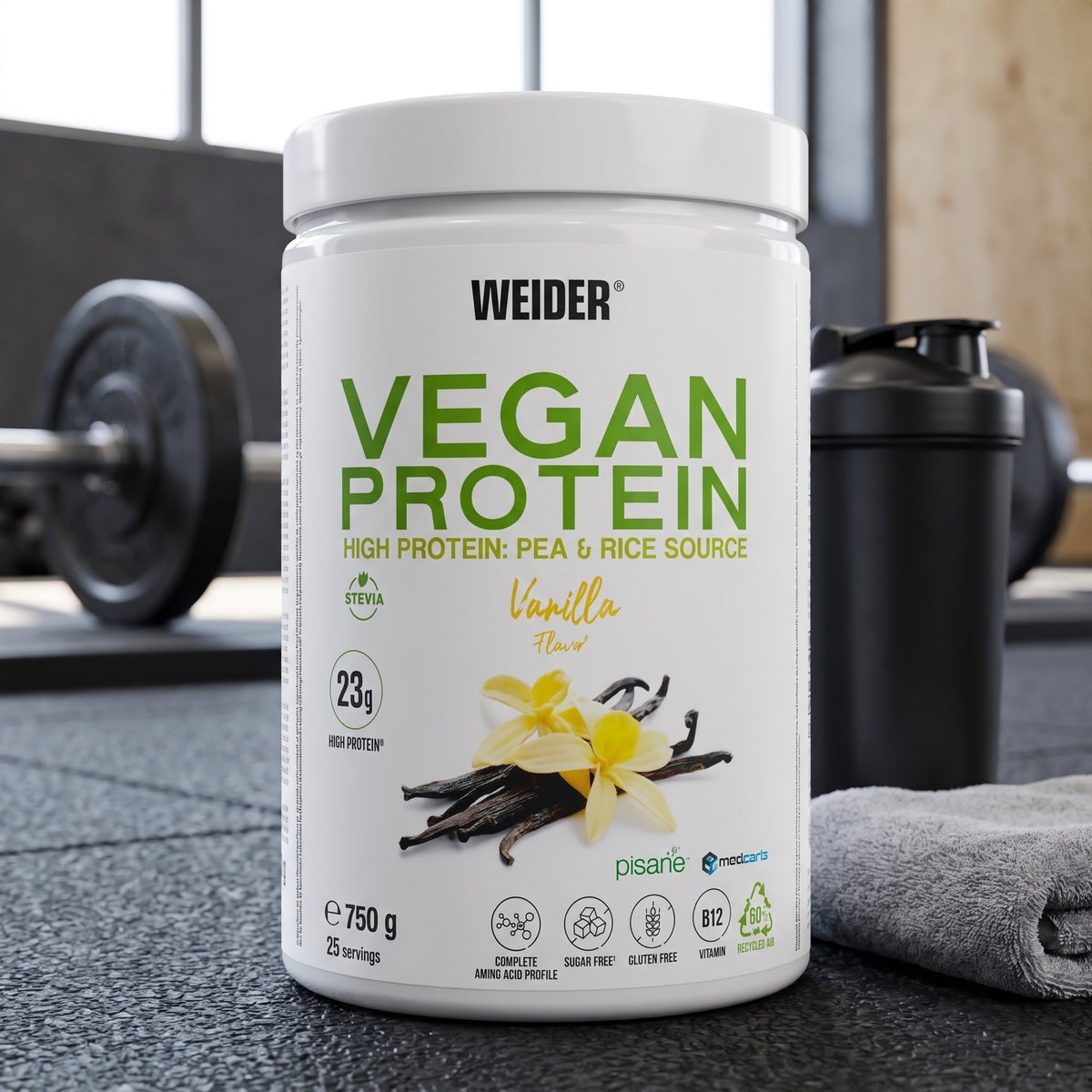 Weider Plant Protein, on a gym floor beside a shaker