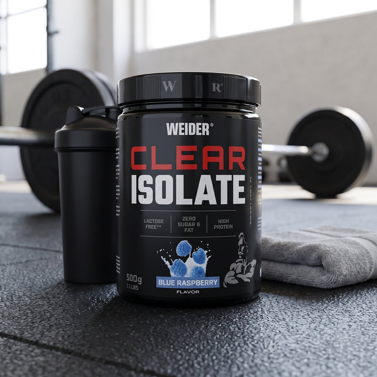 Weider Clear Whey Protein, on a gym floor beside a shaker