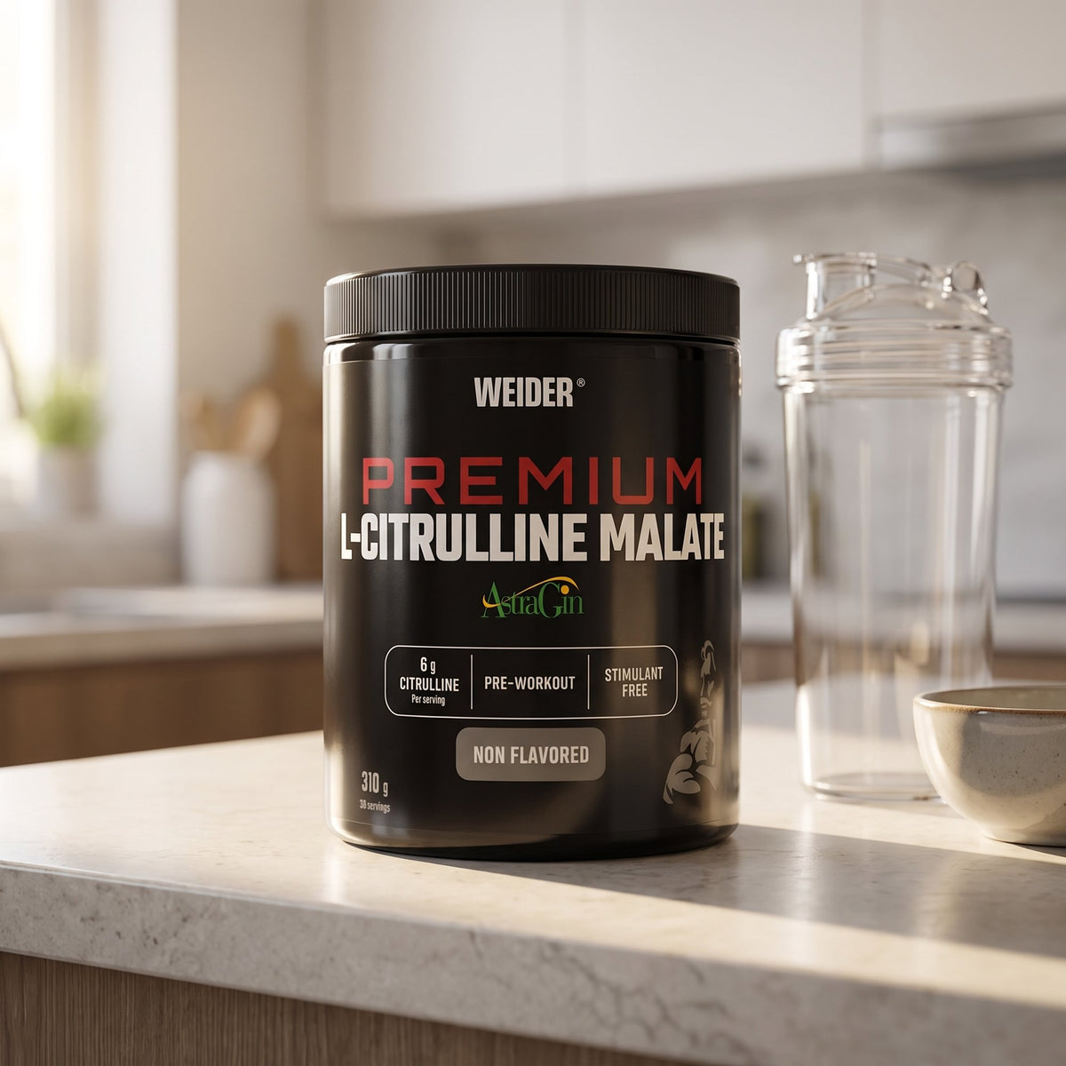 Weider Citrulline Malate, on a kitchen counter beside a shaker