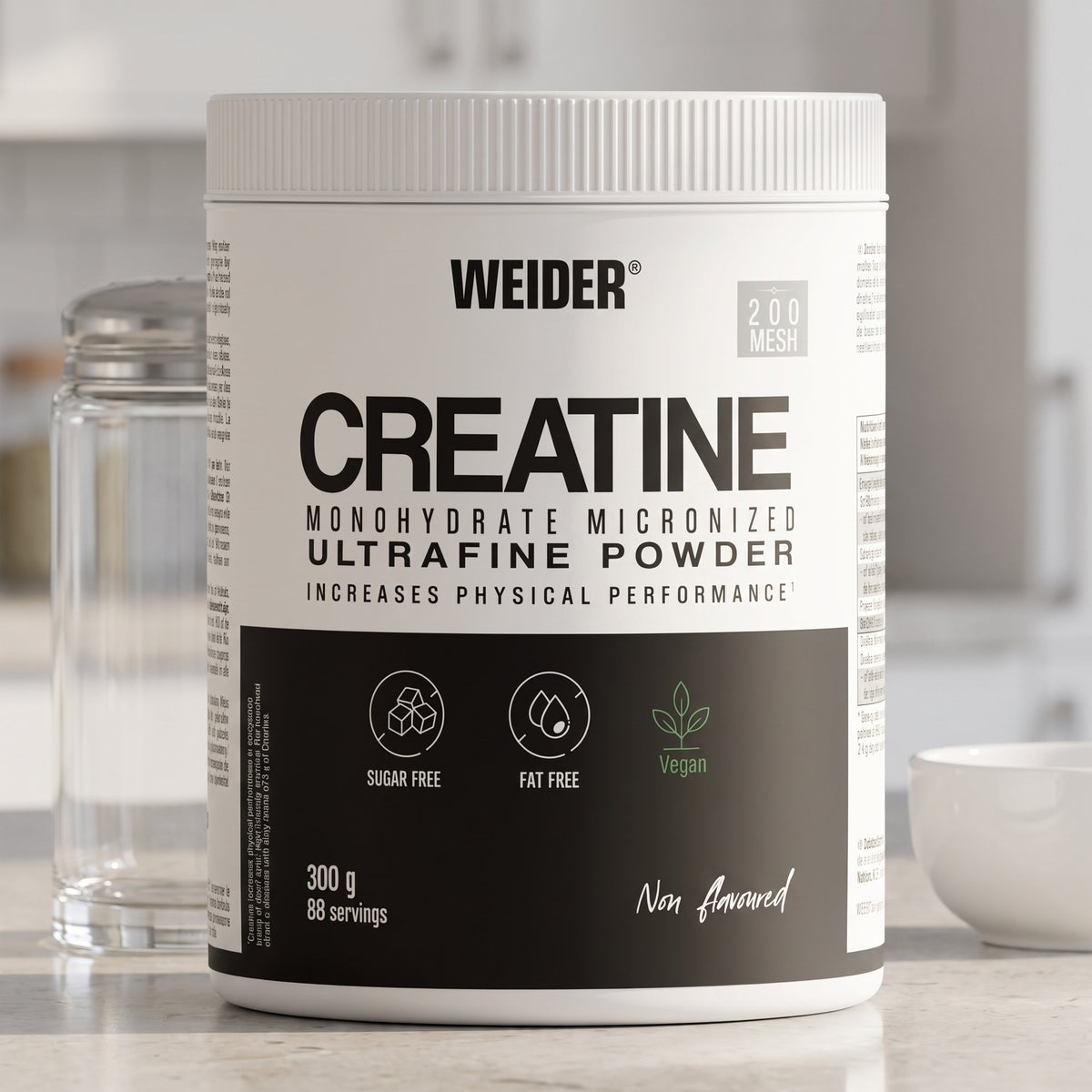 Weider Creatine, on a kitchen counter beside a shaker