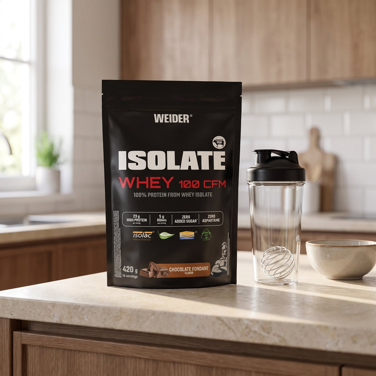Weider Whey Protein, Isolate, on a kitchen counter beside a shaker