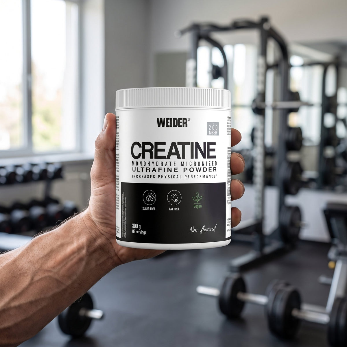Weider Creatine, held in the hand in a gym