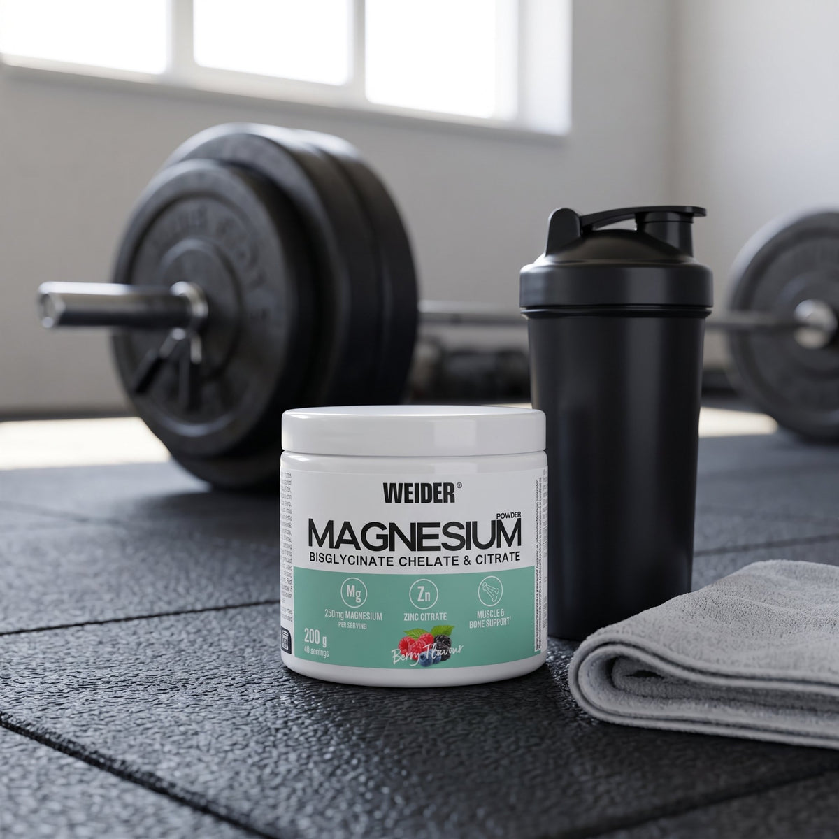 Weider Magnesium Powder, on a gym floor beside a shaker