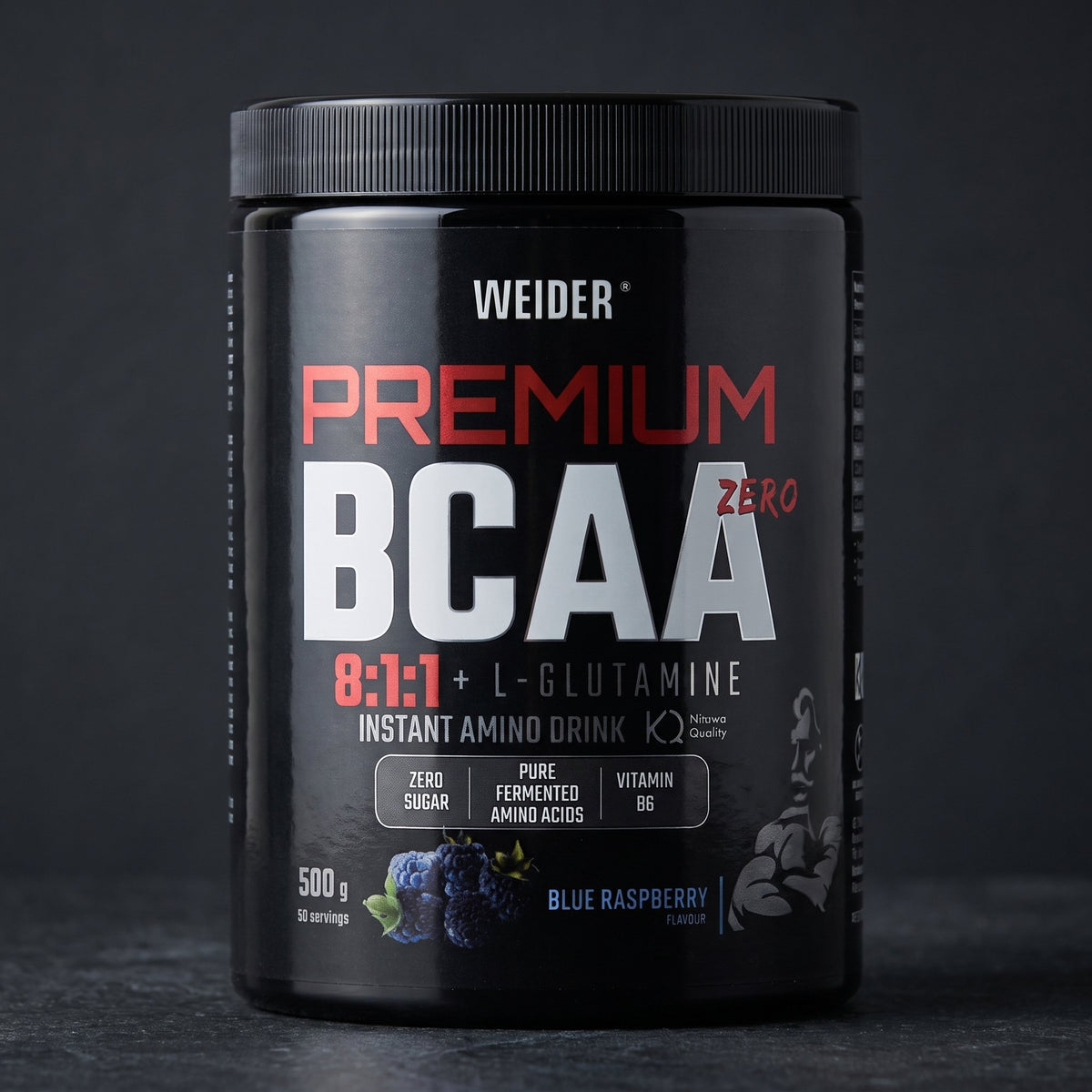 Weider BCAA and Glutamine, on dark stone