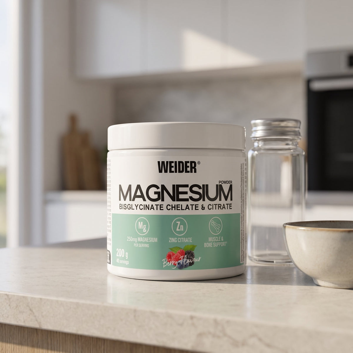 Weider Magnesium Powder, on a kitchen counter beside a shaker