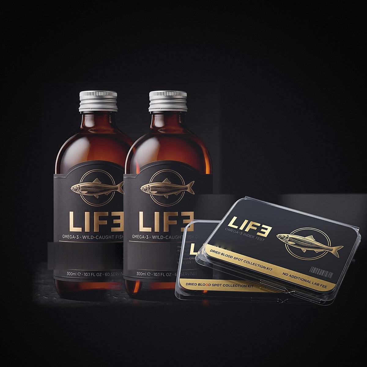 LIF3 Complete Kit, wild-caught fish oil: two 300 ml amber bottles and two Omega-3 Index test kits