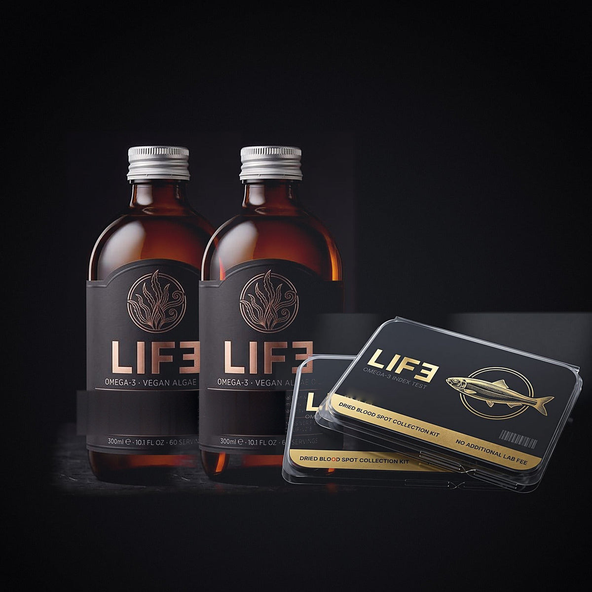LIF3 Complete Kit, vegan algae oil: two 300 ml amber bottles and two Omega-3 Index test kits