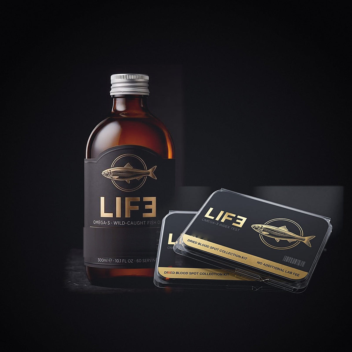 LIF3 Starter Kit, wild-caught fish oil: one 300 ml amber bottle and one Omega-3 Index test kit