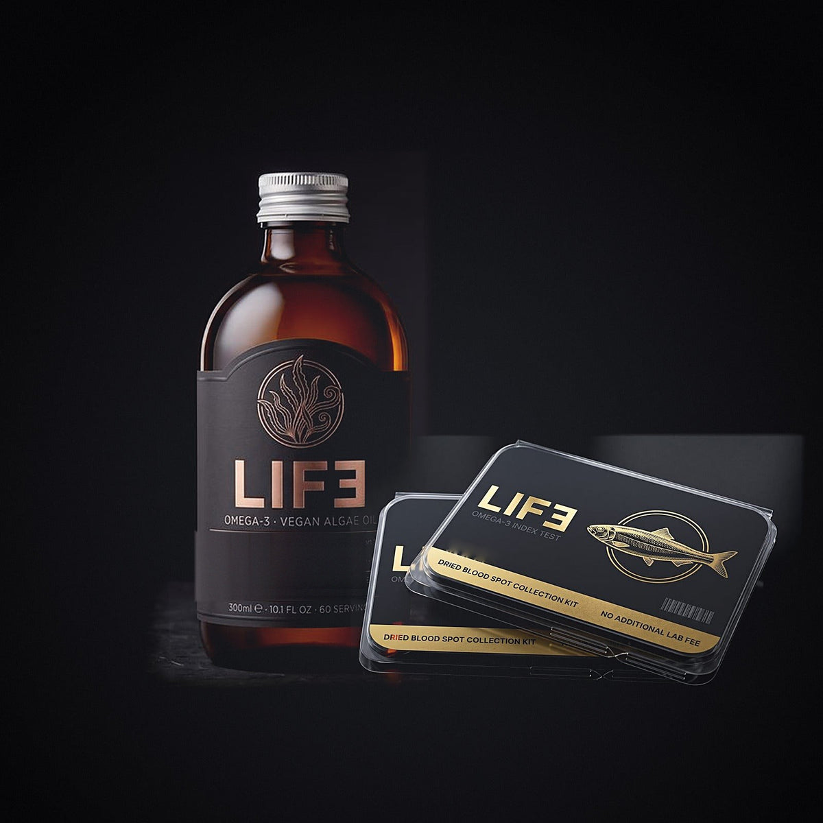LIF3 Starter Kit, vegan algae oil: one 300 ml amber bottle and one Omega-3 Index test kit