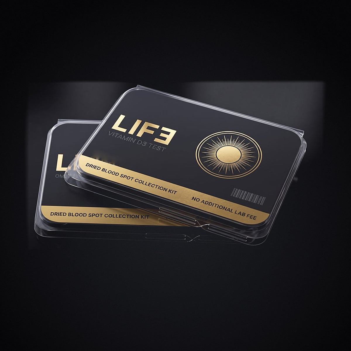 LIF3 Vitamin D Test, a dried blood spot collection kit in a clear clamshell with a gold band and engraved sun crest