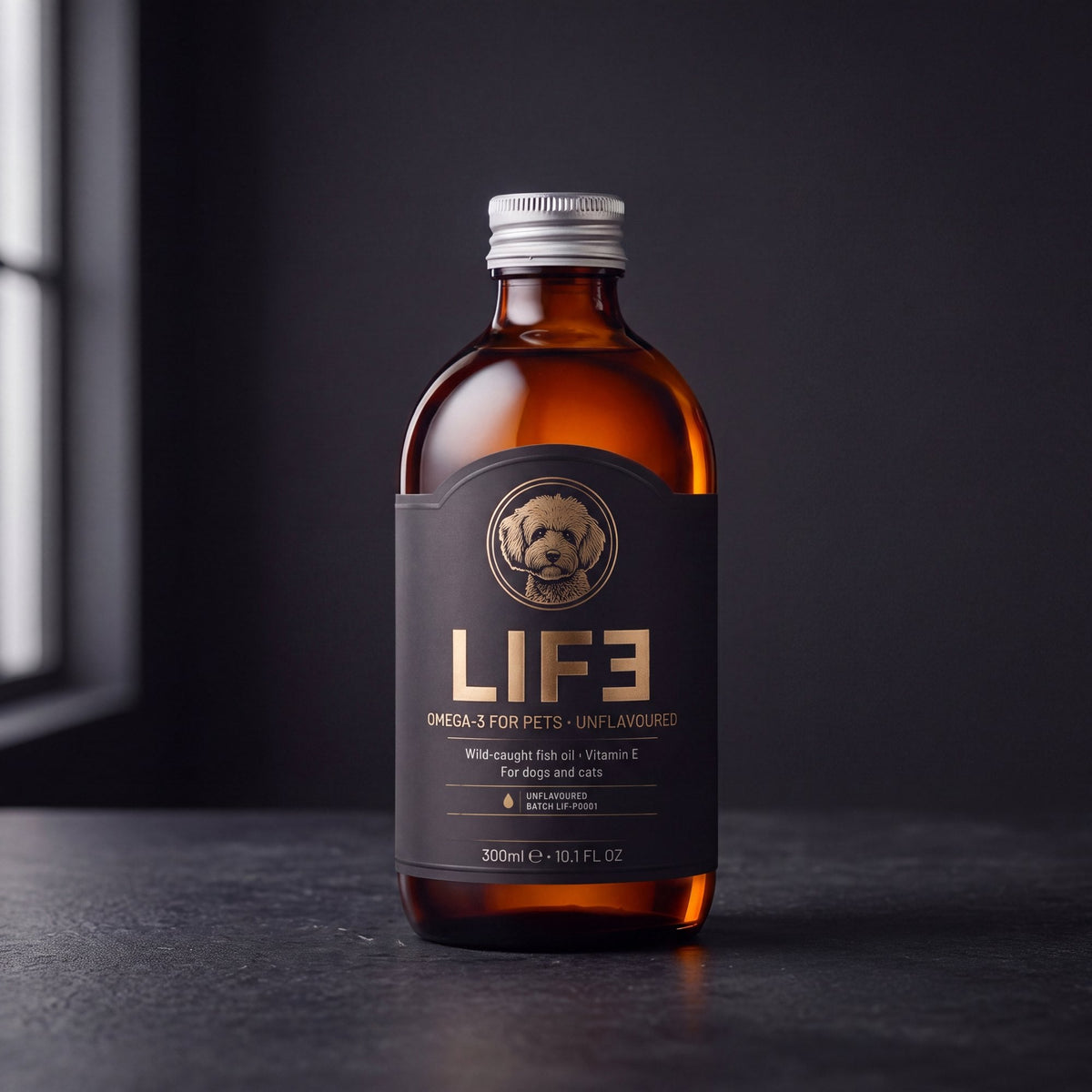 LIF3 Omega-3 for Pets, unflavoured, 300 ml amber bottle with Promise on the label