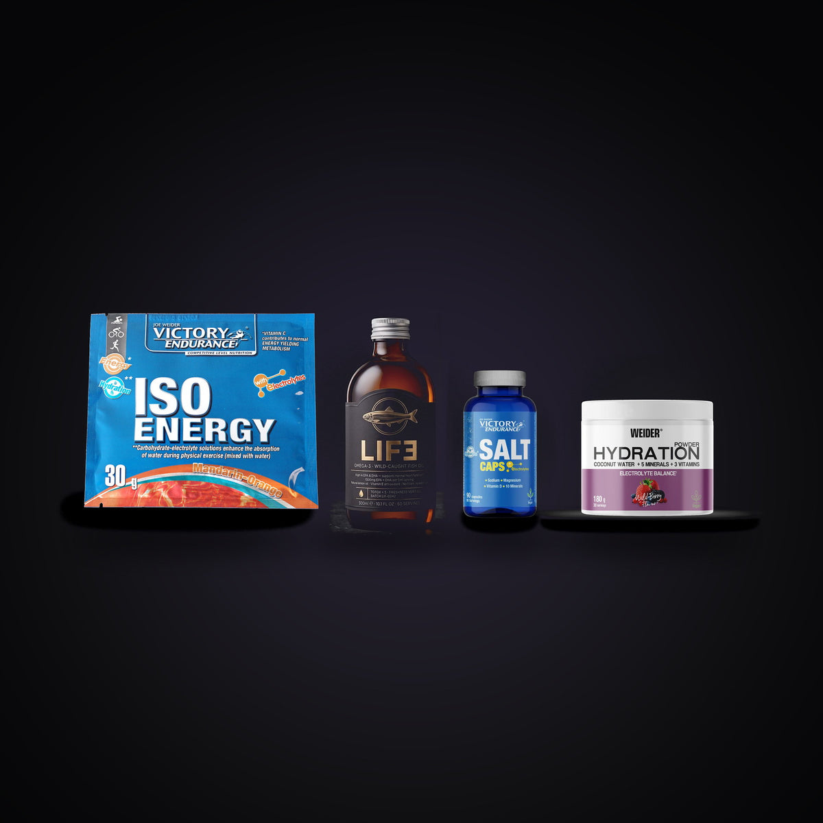 Victory Endurance Iso Energy, LIF3 Omega-3, Salt Caps and Weider Powder Hydration
