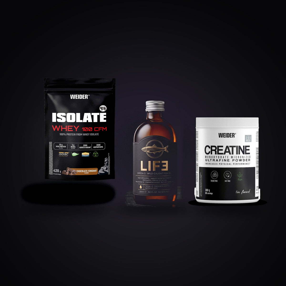 Weider Isolate Whey, LIF3 Omega-3 and Weider Creatine