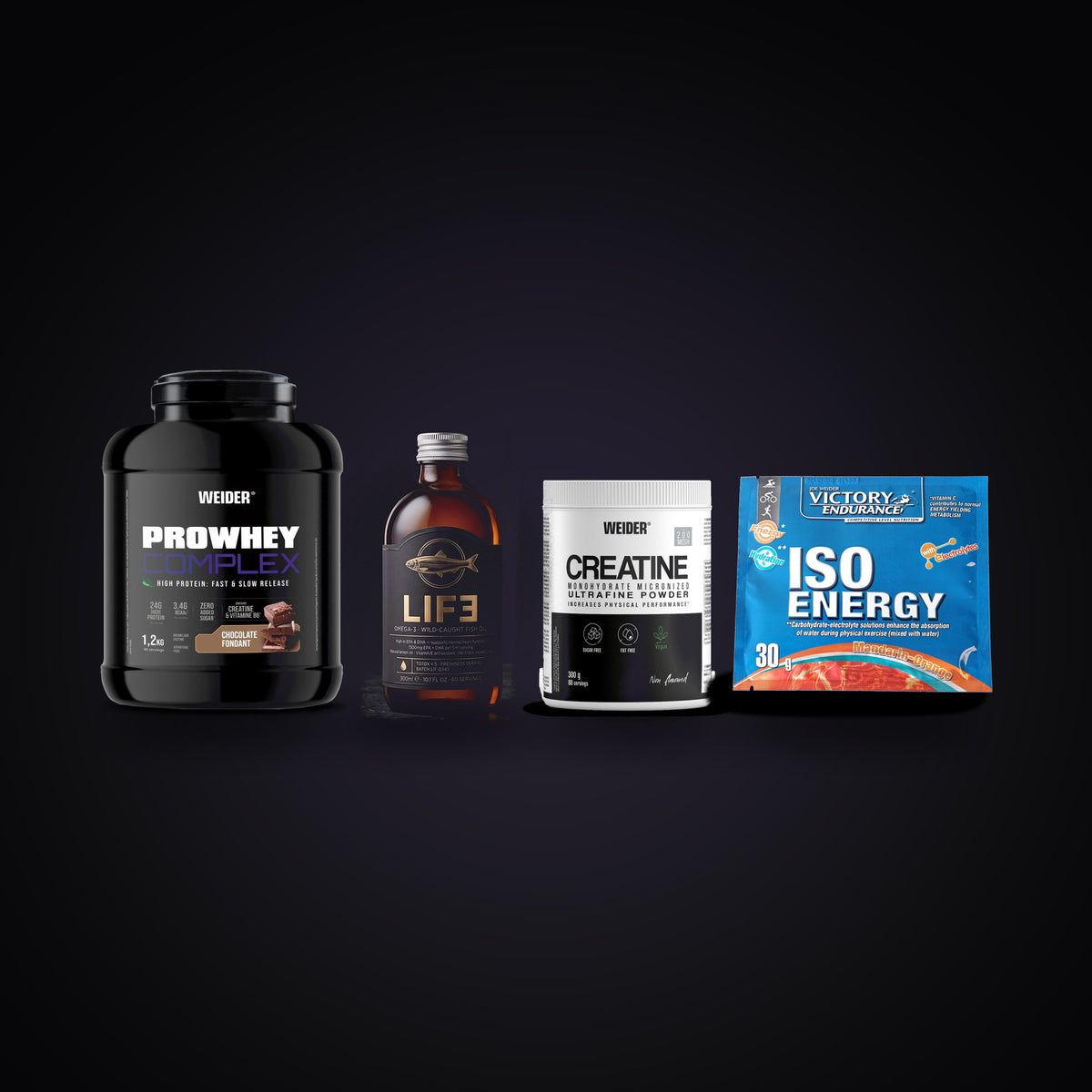 Weider Pro Whey Complex, LIF3 Omega-3, Creatine and Iso Energy