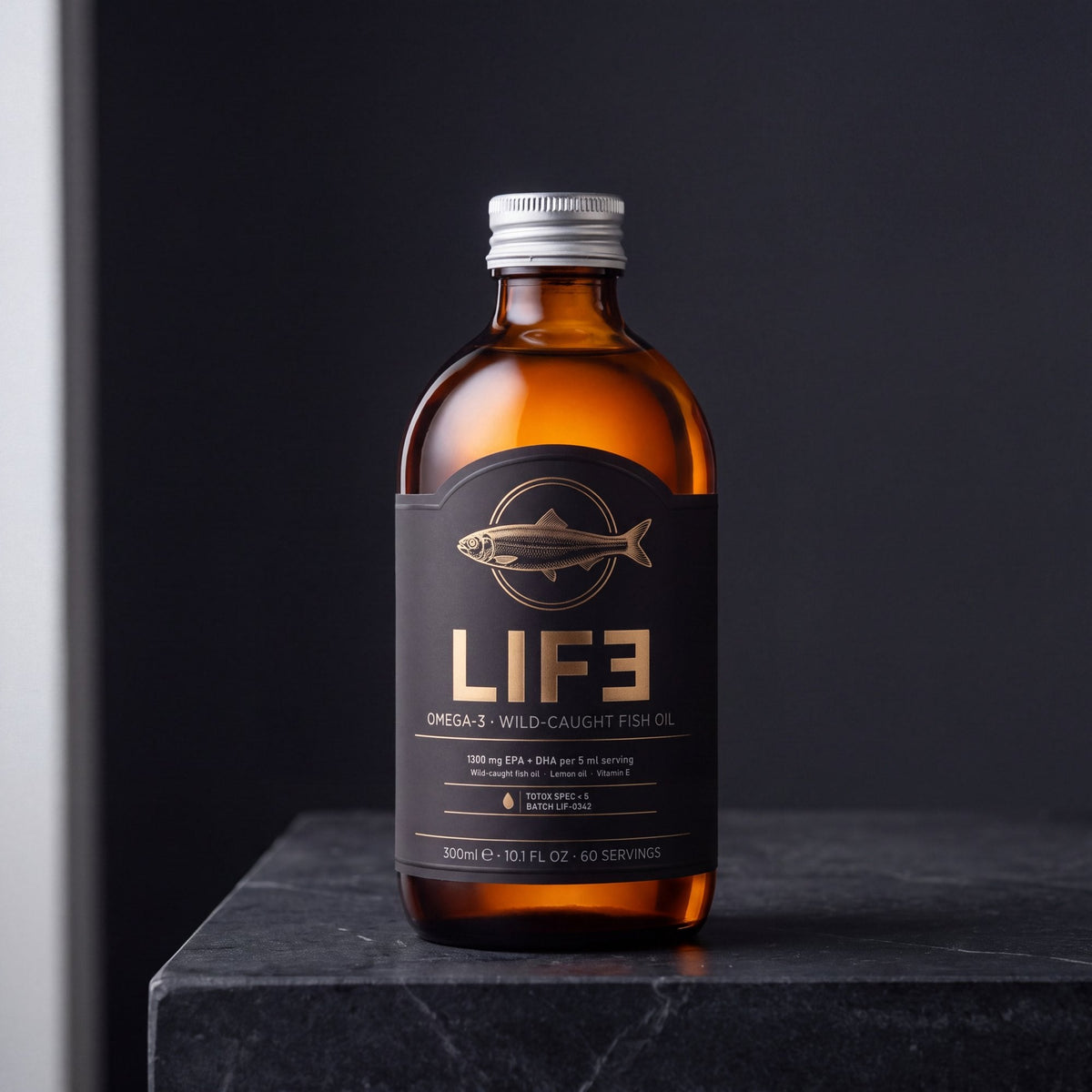 LIF3 Omega-3 wild-caught fish oil, 300 ml, on dark stone