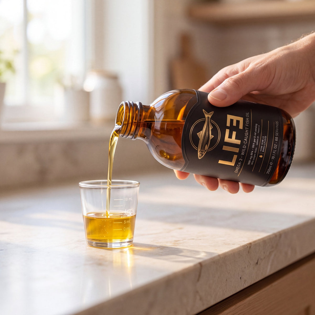 LIF3 Omega-3 wild-caught fish oil, 300 ml, poured into a glass dosing cup