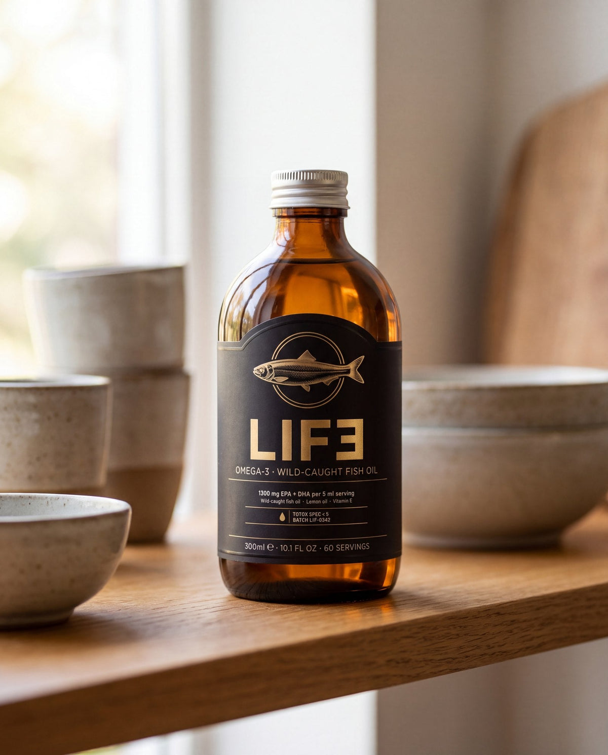 LIF3 Omega-3 wild-caught fish oil, 300 ml, on an oak kitchen shelf