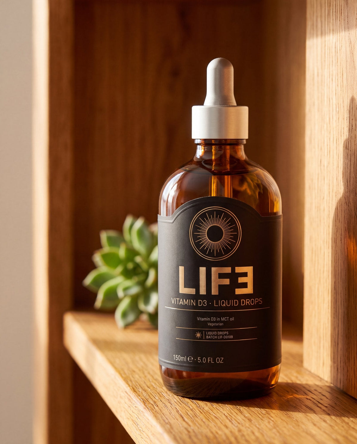 LIF3 Vitamin D3 liquid drops, 150 ml, on an oak shelf