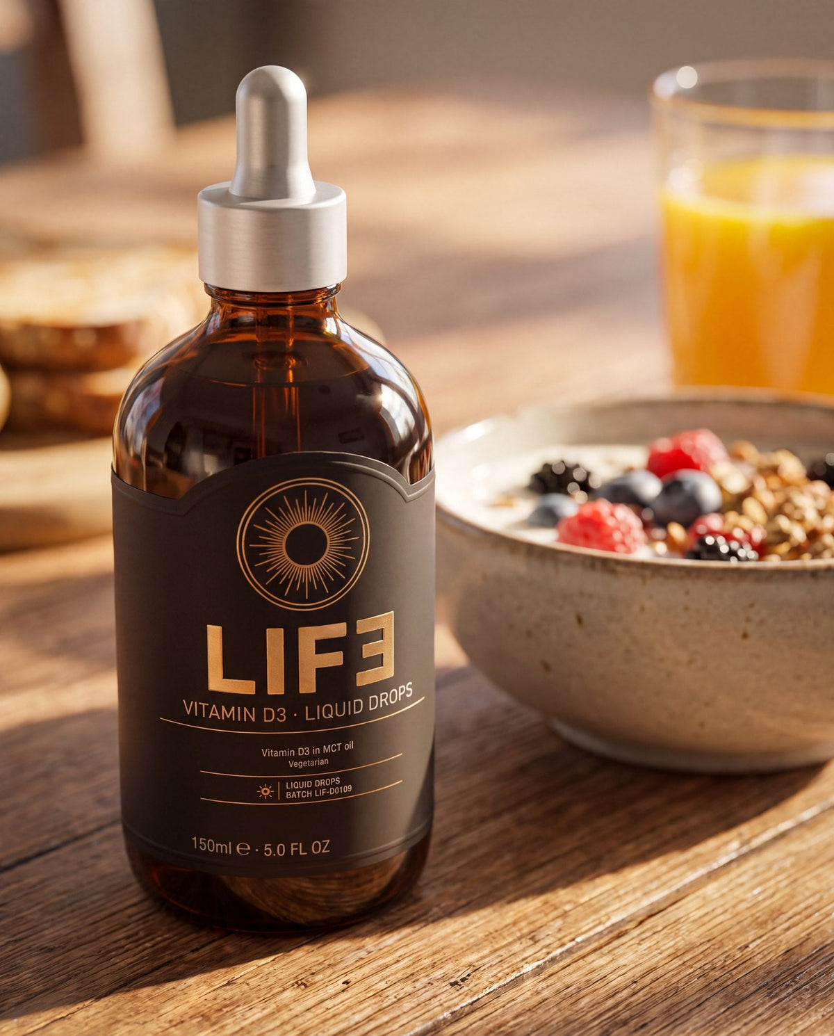 LIF3 Vitamin D3 liquid drops, 150 ml, on a breakfast table