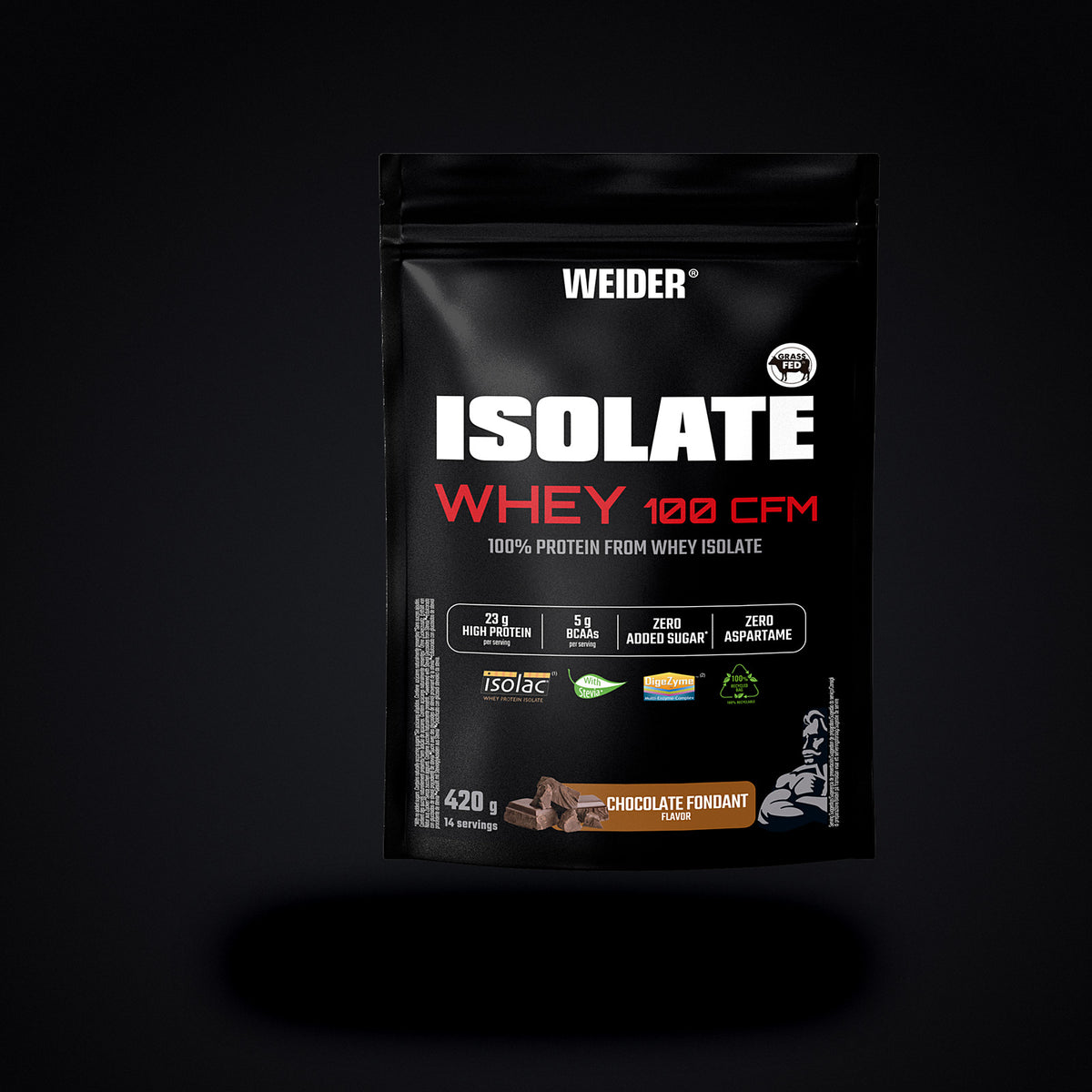 Weider Isolate Whey 100 CFM, cross-flow microfiltered whey protein isolate in a black pouch