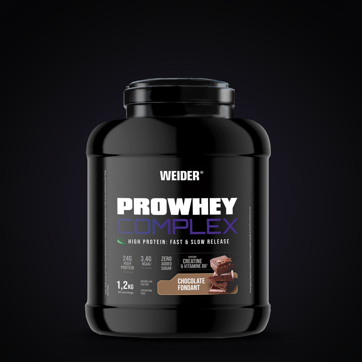 Weider Pro Whey Complex, 1.2 kg tub of chocolate fondant whey protein