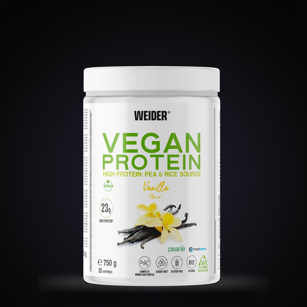 Weider Vegan Protein, 750 g tub of vanilla pea and rice protein