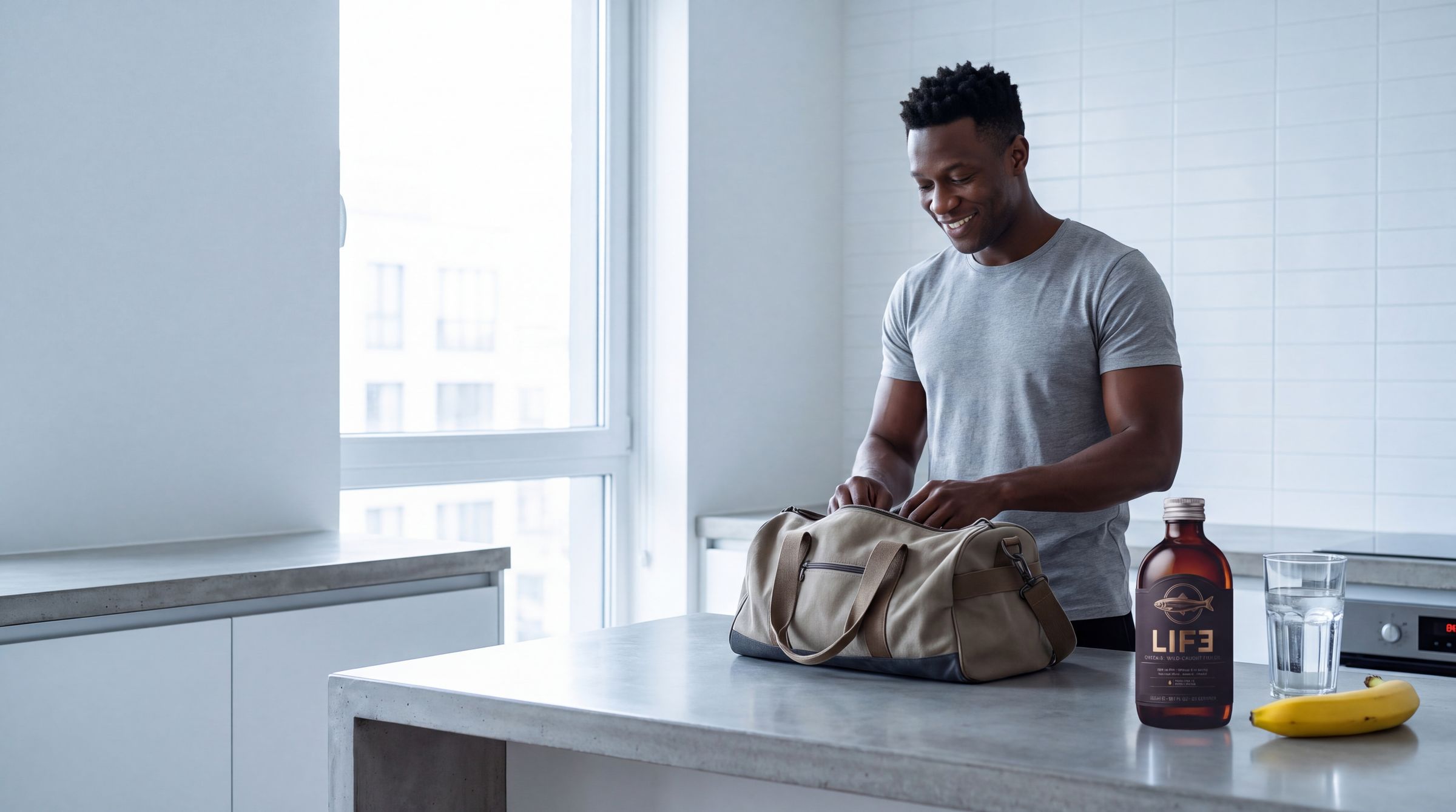 A man prepares breakfast in a bright kitchen