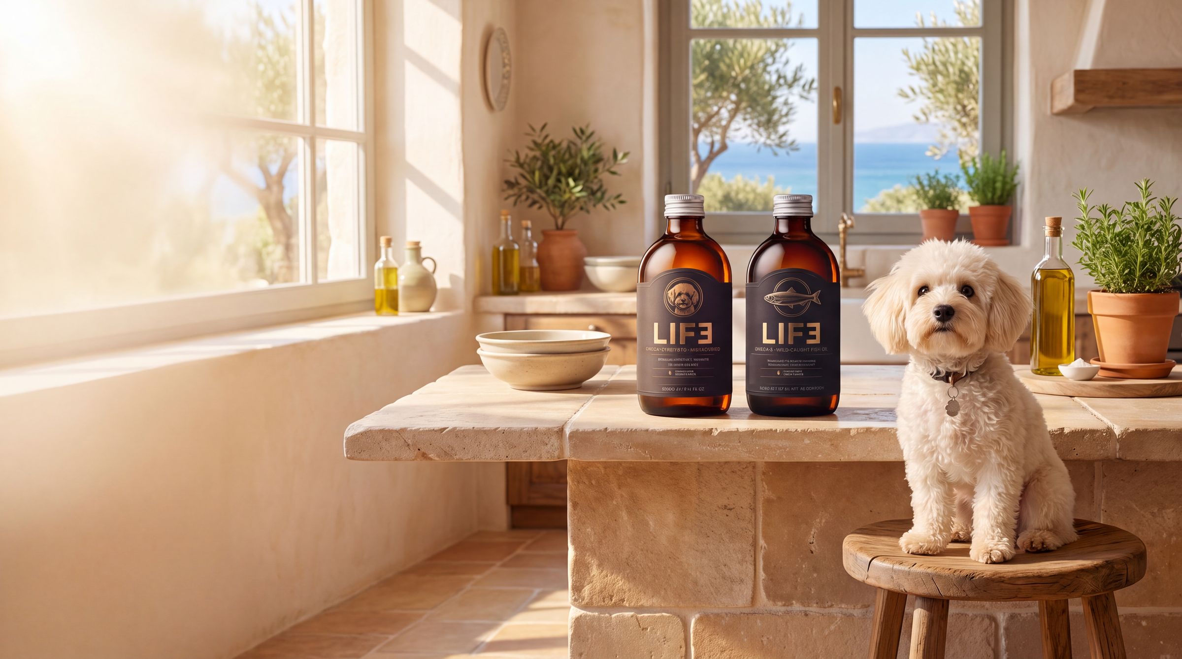 The LIF3 pet oil and fish oil on a kitchen counter, with Promise beside them