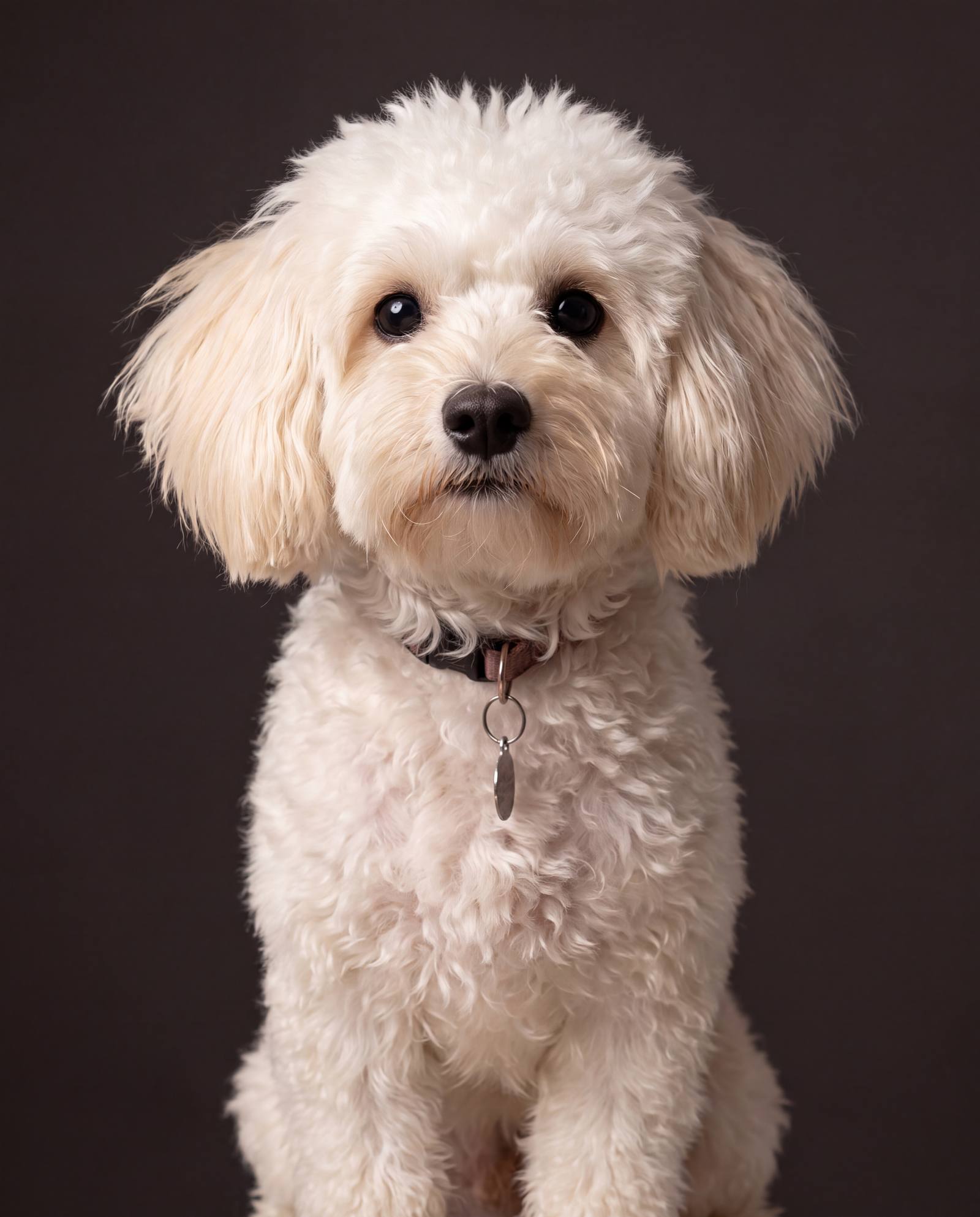 Portrait of Promise, a small cream curly-coated dog
